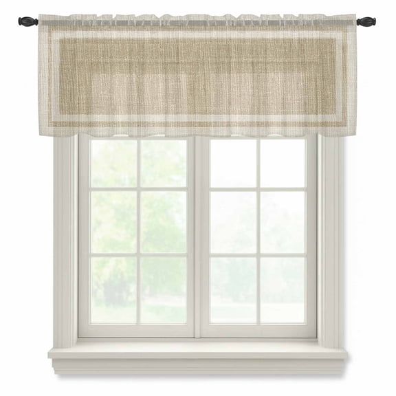 Multi Border Sheer Valances for Windows, Retro Country Khaki Beige Burlap Texture Semi Sheer Kitchen Valance Rod Pocket Small Voile Window Curtains for Living Room Bedroom 42 x 12 Inch