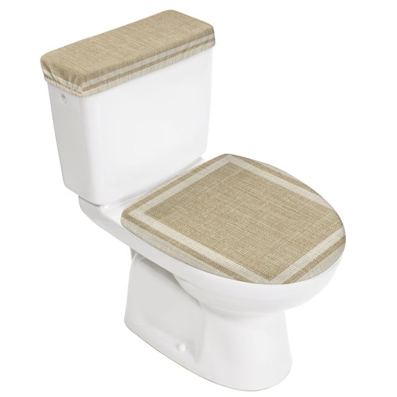 Multi Border Stretch Toilet Lid Cover and Toilet Tank Cover Set, Retro Country Khaki Beige Burlap Texture 2 Pack Elastic Bottom Bathroom Decor Toilets Covers, Machine Washable