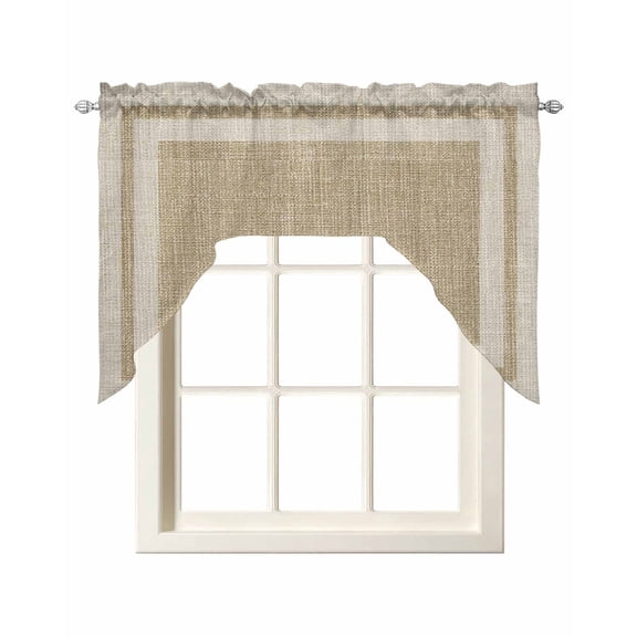 Multi Border Swag Valance for Window, Retro Country Khaki Beige Burlap Texture Light Filtering Swag Curtain Rod Pocket Kitchen Curtain Valance for Bedroom