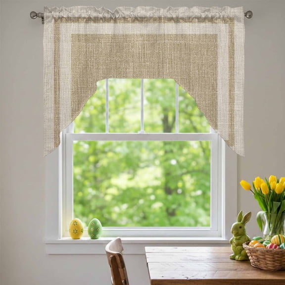 Multi Border Swag Valances for Kitchen Window, Retro Country Khaki Beige Burlap Texture Small Swag Valances Rod Pocket Curtain Drapes Window Treatment for Bedroom Bathroom, 56x36 Inch