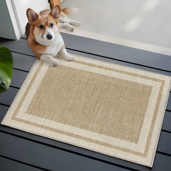 Multi Border Washable Entry Rug 2x3 Retro Country Khaki Beige Burlap Texture Low Pile Indoor Door Mat with Rubber Backing Thin Area Rug for for Entrance, Bedroom, Kitchen, Laundry, Bathroom