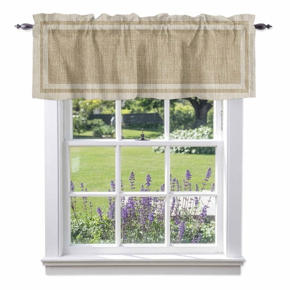 Multi Border Window Valance for Kitchen, Retro Country Khaki Beige Burlap Texture Rod Pocket Short Curtains for Bathroom Bedroom Small Window, Light Filtering Decorative Valances, 54 x 18 Inches