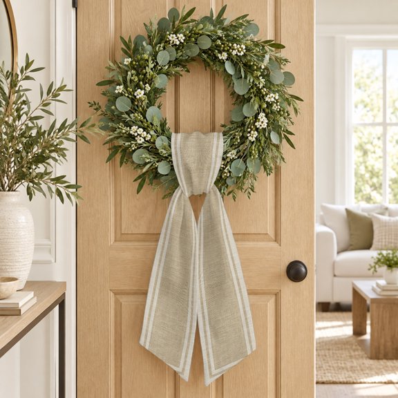 Multi Border Wreath Sash, Retro Country Khaki Beige Burlap Texture Decorative Ribbon Wreath Sash for Front Door, Porch Indoor Holiday Decor