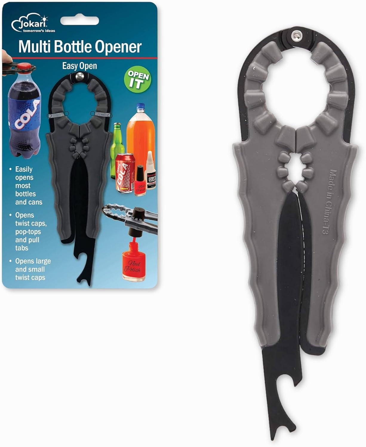 Multi Bottle Opener for Jars Bottles and Cans 3 in 1 Easy Grip Lid Weak Hands Twist Caps Pull Tabs Pop Tops Small Lids Arthritis Aid Manual Kitchen Tool Black