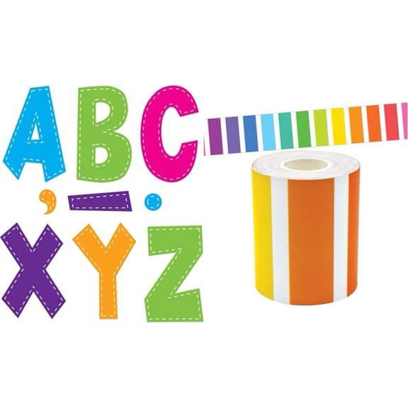 Multi Bright Stitch 7" Fun Font Letters & Colorful Stripes Straight Rolled Border Trim - 50ft