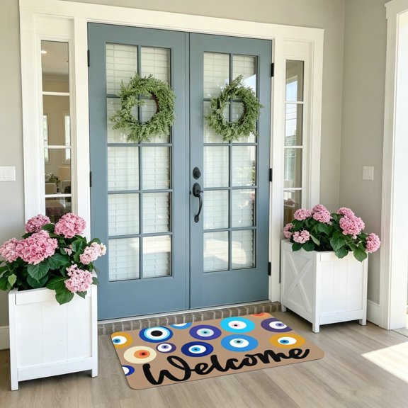 Multi Brown Evil Eye Decorative Welcome Doormat 20x32 in, All Season Rug for Indoor Outdoor Home Entry