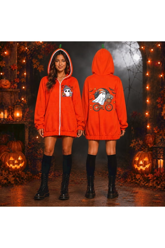 Multi Cartoon Graphic Zip Up Coat, Cute Cartoon Ghost Print Pumpkin Hooded Zip Jacket, Oversized Halloween Sweatshirt With 3D Stem Hood, Multiple Spooky Cartoon Graphic Holiday Outerwear, Wine M