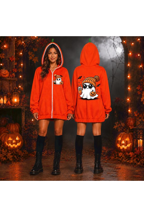 Multi Cartoon Graphic Zip Up Coat, Cute Cartoon Ghost Print Pumpkin Hooded Zip Jacket, Oversized Halloween Sweatshirt With 3D Stem Hood, Multiple Spooky Cartoon Graphic Holiday Outerwear, Saffron S