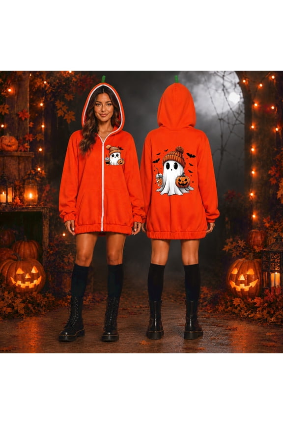 Multi Cartoon Graphic Zip Up Coat, Cute Cartoon Ghost Print Pumpkin Hooded Zip Jacket, Oversized Halloween Sweatshirt With 3D Stem Hood, Multiple Spooky Cartoon Graphic Holiday Outerwear, Orange XL