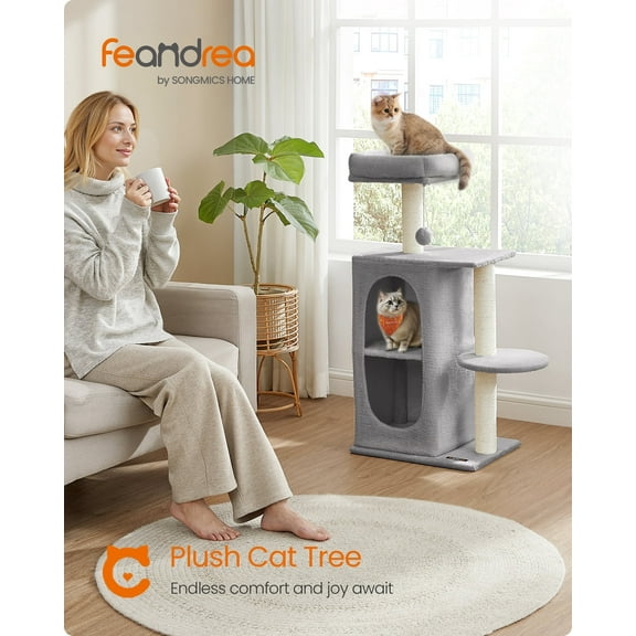 Multi-Cat Tree Tower with 2 Hideouts & Scratching Posts, Durable Cat Climbing Furniture, Light Gray