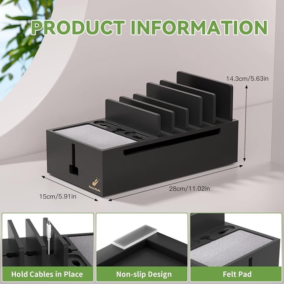 Multi Charger Station Organizer, 5-Port USB Charger Dock with 6 Cables, Cable Management Box, Cord Organizer for Desk, Wire Organizers and Storage for Cords and Power Strip -Black