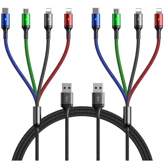 Multi Charging Cable, 10ft 2Pack Multi Charger Cable Braided 4 in 1 Multiple USB Cable Universal Charging Cord with Lightning/Type C/Micro USB Port for Cell Phones/iPhone 17 16 15/Samsung/Ps/Tablets