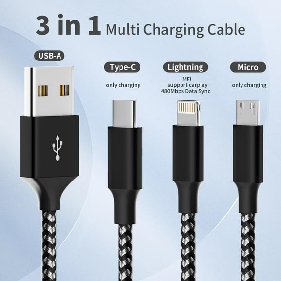 Multi Charging Cable (2Pack 4FT) 3 in 1 Charging Cable for Multiple Devices Nylon Braided Universal Charger Phone Charger Cord with Type-C Micro USB IP Port for iPhone16/15 Series/Phone&Pad