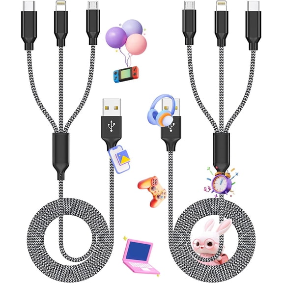 Multi Charging Cable,(2Pack 4FT) 3 in 1 Charging Cable for Multiple Devices, Nylon Braided Universal Charger Phone Charger Cord with Type-C,Micro USB,IP Port for iPhone16/15 Series/Phone&Pad