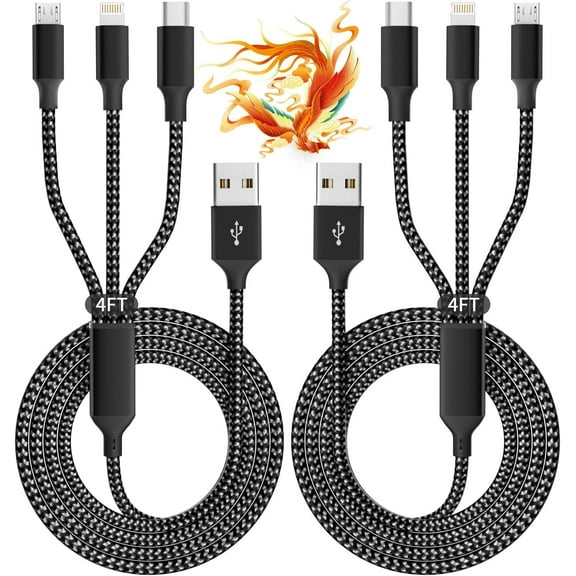 Multi Charging Cable(2Pack 4FT), 3 in 1 USB Charging Cable for Multiple Devices, Braided Universal Phone Charger Cord with Type-C, Micro USB, IP Port for iPhone17/16/14/Android Phones and More