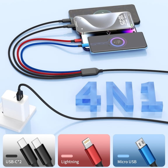 Multi Charging Cable(2Pack 4FT) 4 in 1 Charger Cable Nylon Braided Multiple USB Cable Universal Phone Charging Cord with Type-C Micro USB IP Port for iPhone16/15 Series/Cell Phones and More