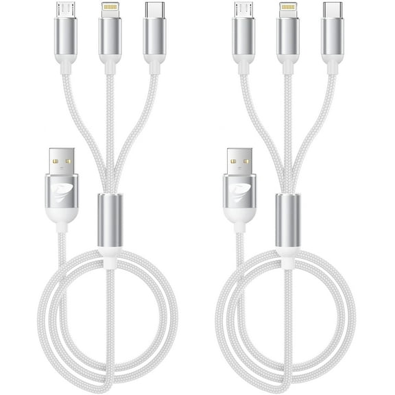 Multi Charging Cable, 3 in 1 Multi Charger Cord, USB Cable with USB-C, Micro USB and Compatible with iPhone/iPad/Samsung (2Pack White)