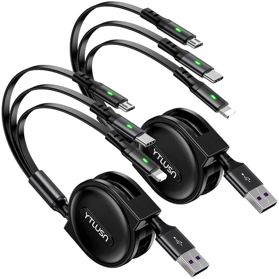 Multi Charging Cable 3A, 2Pack Retractable Lightning Cable, Multi Charger Cable 4Ft for Car, Retractable Car Charger with IP/Type C/Micro Ports for iPhone/iPad/Samsung Galaxy/Tablets/PS & More