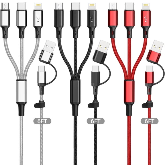 Multi Charging Cable 3Pack, 6ft Multi Phone Charger Cable Braided Universal 3 in 2 Multiple Phone Charger Cable Universal USB A/C to Lightning/Type C/Micro USB Port for Cell Phones (Gray,Black,Red)