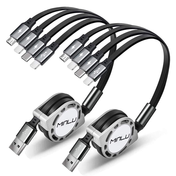 Multi Charging Cable 4A, 2Pack 4Ft Retractable Multi Fast Charger Cable, Multiple Charging Cord, 4 in 1 Multi USB Cable with Type C/Micro USB Ports for Cell Phones/IP/Galaxy/PS/Tablets/iPads