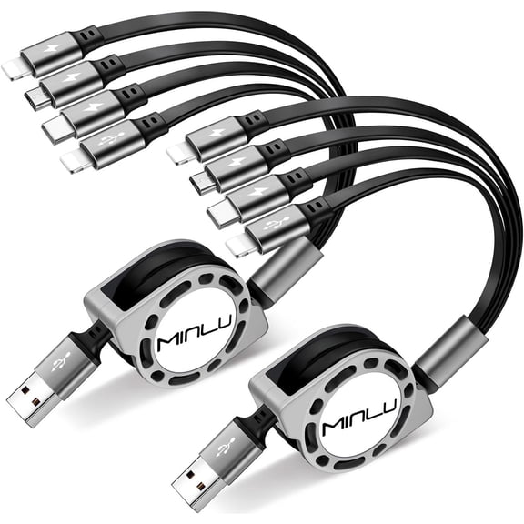 Multi Charging Cable 4A, 2Pack 4Ft Retractable Multi Fast Charger Cable, Multiple Charging Cord, 4 in 1 Multi USB Cable with Type C/Micro USB Ports for Cell Phones/IP/Galaxy/PS/Tablets/iPads