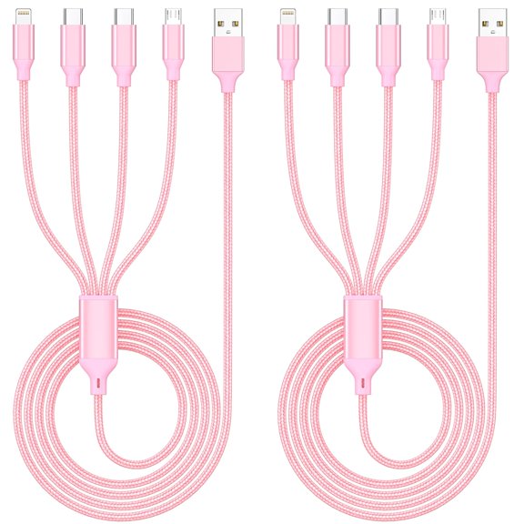 Multi Charging Cable 4ft 2Pack, 4 in 1 Nylon Braided Lightning iPhone Charger,Universal Charger Phone Cord with Type-C,Micro USB,IP Port for iPhone17-5/Android -Rose