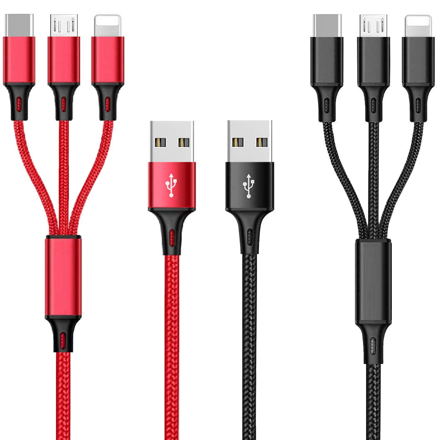 Multi Charging Cable, 4ft 2Pack Multi Phone Charger Cable Braided Universal 3 in 1 Charging Cord Extra Long Multiple USB Cable with USB C, Micro USB Port Connectors for Cell Phones and More