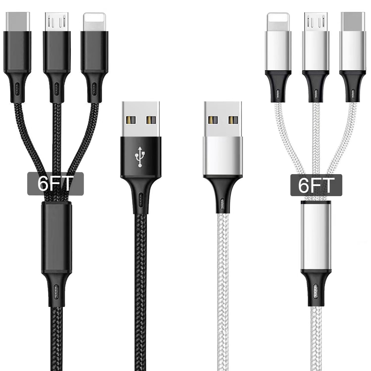 Multi Charging Cable, 4ft 2Pack Multi Phone Charger Cable Braided Universal 3 in 1 Charging Cord Extra Long Multiple USB Cable with USB C, Micro USB Port Connectors for Cell Phones and More