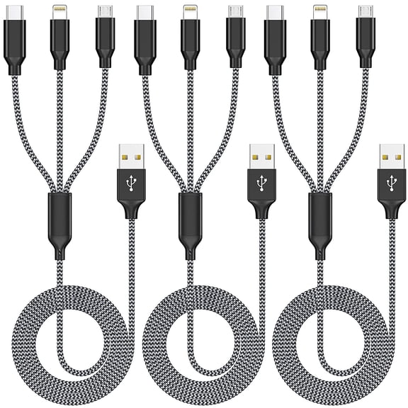 Multi Charging Cable 4ft 3Pack 3 in 1 Charger Cord, Multiple Rapid Nylon Braided Cable USB Charging Cable Multi Phone Charger Cord with Type C Micro Lightning USB Connectors for Cell Phones