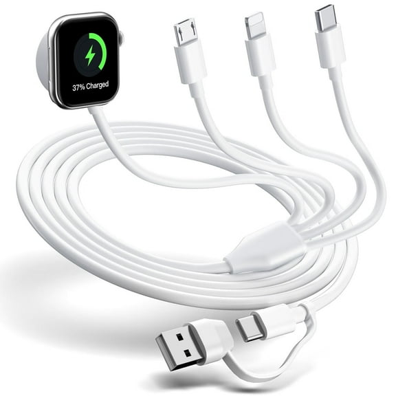 Multi Charging Cable for A-pple Watch Charger Phone,Travel 4-in-2 Watch i-Phone Charger with iOSPorts,Type C,and Micro USB,Compatible with i-Watch,i-Phone 15 14,Galaxy,and Android - White,4FT