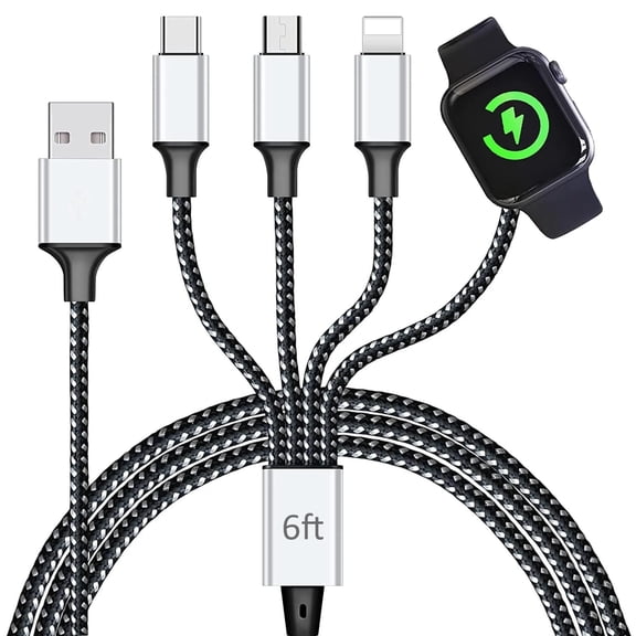 Multi Charging Cable for Watch, Magnetic Wireless Charger, 4 in 1 Nylon Braided Cord for Multiple Devices, USB C/Micro Port/Compatible with iWatch Series 10-1/Phone 16 15 14/iPad/Android - 6FT