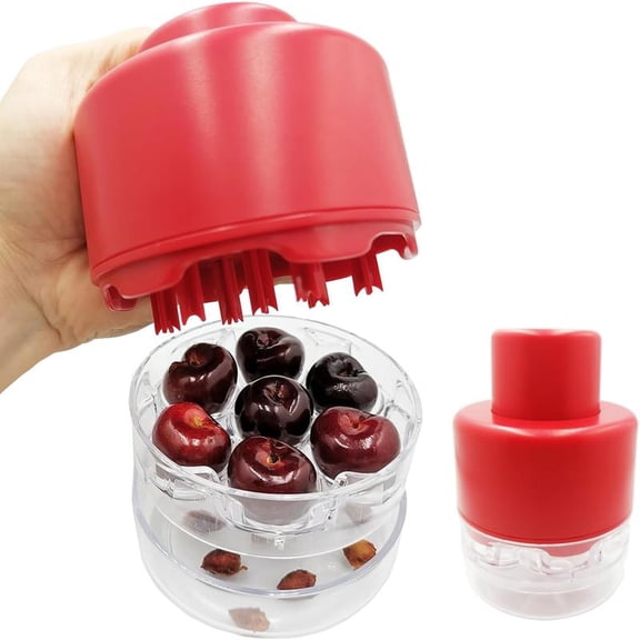 Multi Cherry Pitter Tool, Cherry Stone Remover for Multiple Cherries, Remove 7 Stones One Time, Fruit Pit Stoner for Kitchen Cherry Jam, Quick-Release Multi-Cherry & Olive Pitter (Red)