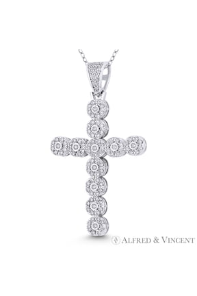 Multi-Circle Cross Cubic Zirconia CZ Crystal Pave 51x28mm (2x1.1in) Christian Pendant & Chain Necklace in .925 Sterling Silver w/ Rhodium