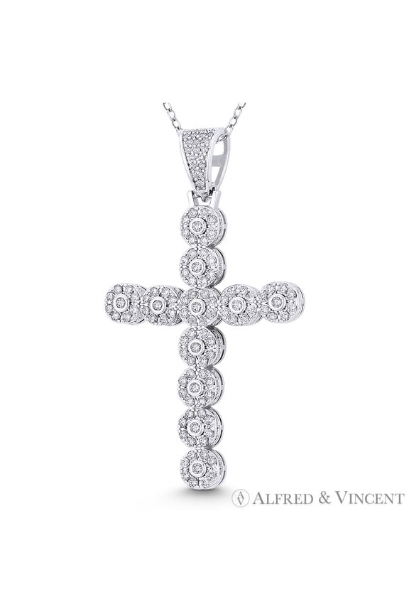 Multi-Circle Cross Cubic Zirconia CZ Crystal Pave 51x28mm (2x1.1in) Christian Pendant & Chain Necklace in .925 Sterling Silver w/ Rhodium