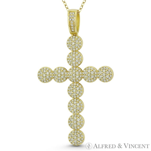 Multi-Circle Cross Cubic Zirconia CZ Crystal Pave 59x34mm (2.3x1.3in) Christian Pendant & Chain Necklace in .925 Sterling Silver w/ 14k Yellow Gold