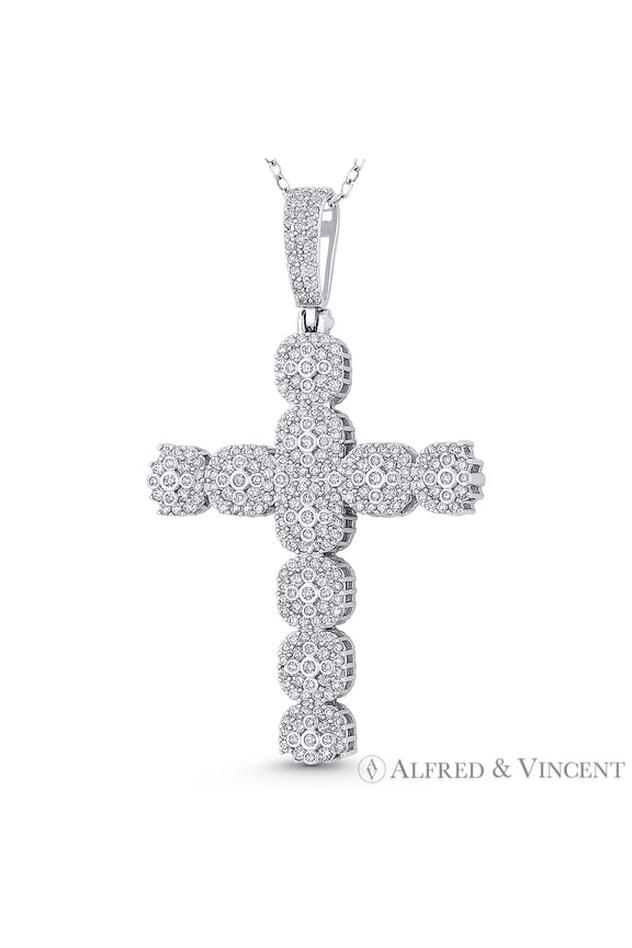 Multi-Cluster Cross Cubic Zirconia CZ Crystal Pave 54x32mm (2.1x1.55in) Christian Pendant & Chain Necklace in .925 Sterling Silver w/ Rhodium