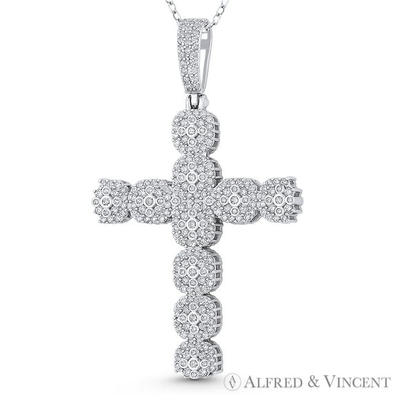 Multi-Cluster Cross Cubic Zirconia CZ Crystal Pave 54x32mm (2.1x1.55in) Christian Pendant & Chain Necklace in .925 Sterling Silver w/ Rhodium