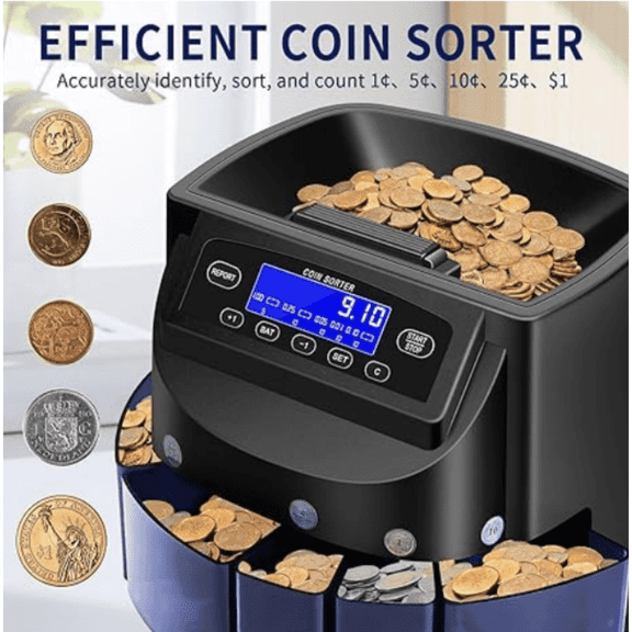 Multi-Coin Sorter, Counter & Wrapper Machine - Sorts Pennies/Nickels/Dimes/Quarters/Dollars | 270 Coins/Min  50 Wrappers Included   LCD Display