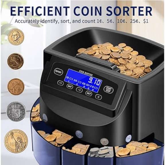 Multi-Coin Sorter, Counter & Wrapper Machine - Sorts Pennies/Nickels/Dimes/Quarters/Dollars | 270 Coins/Min 50 Wrappers Included LCD Display