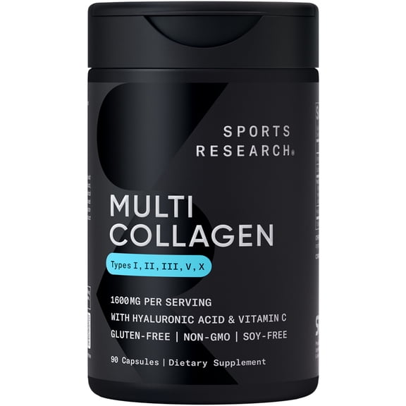 Sports Research Multi Collagen 1600mg (Type I, II, III, V, X) Hyaluronic Acid + Vit C Anti-Aging (90 Capsules)