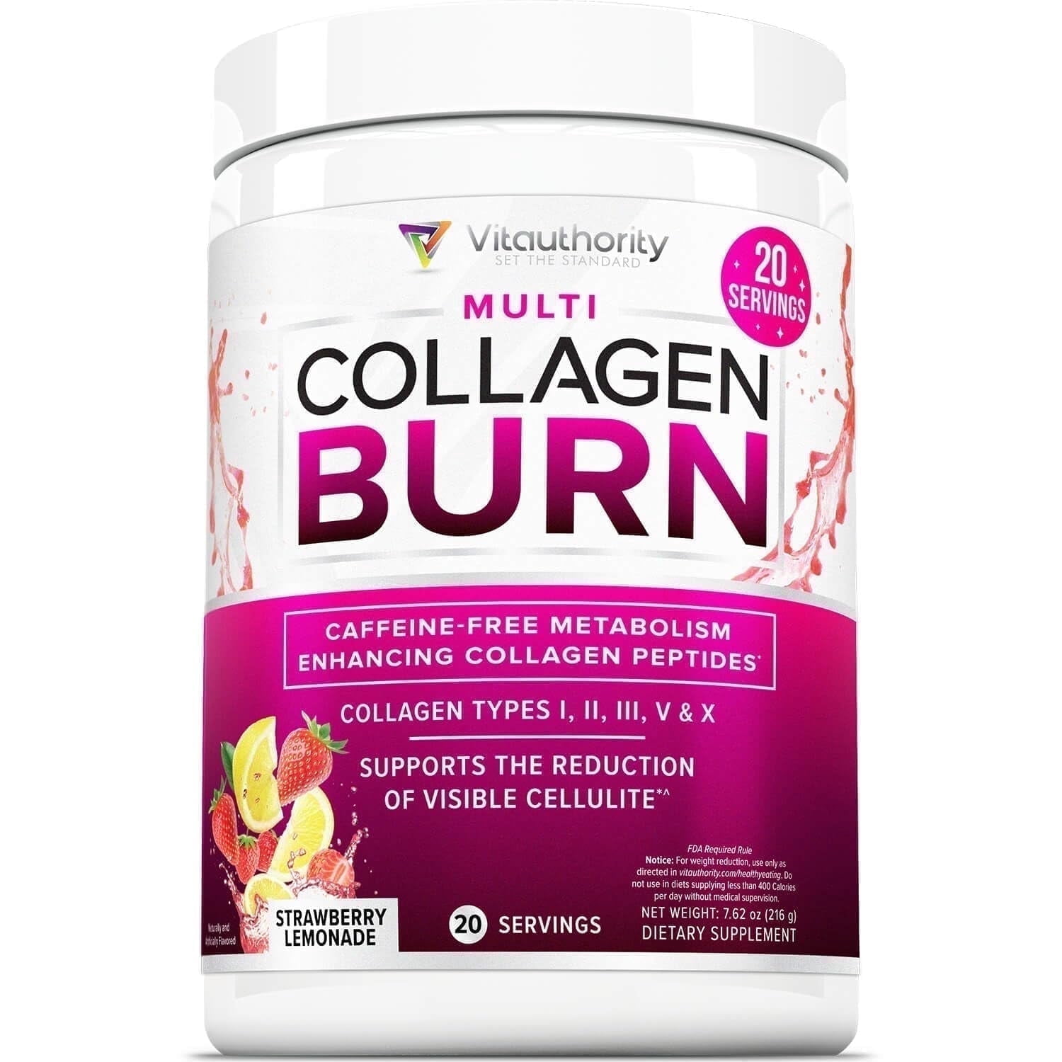 Vitauthority Multi Collagen Burn Beauty Supplement, Hydrolyzed Collagen Powder with Vitamin C & Hyaluronic Acid, Strawberry Lemonade, 20 Servings