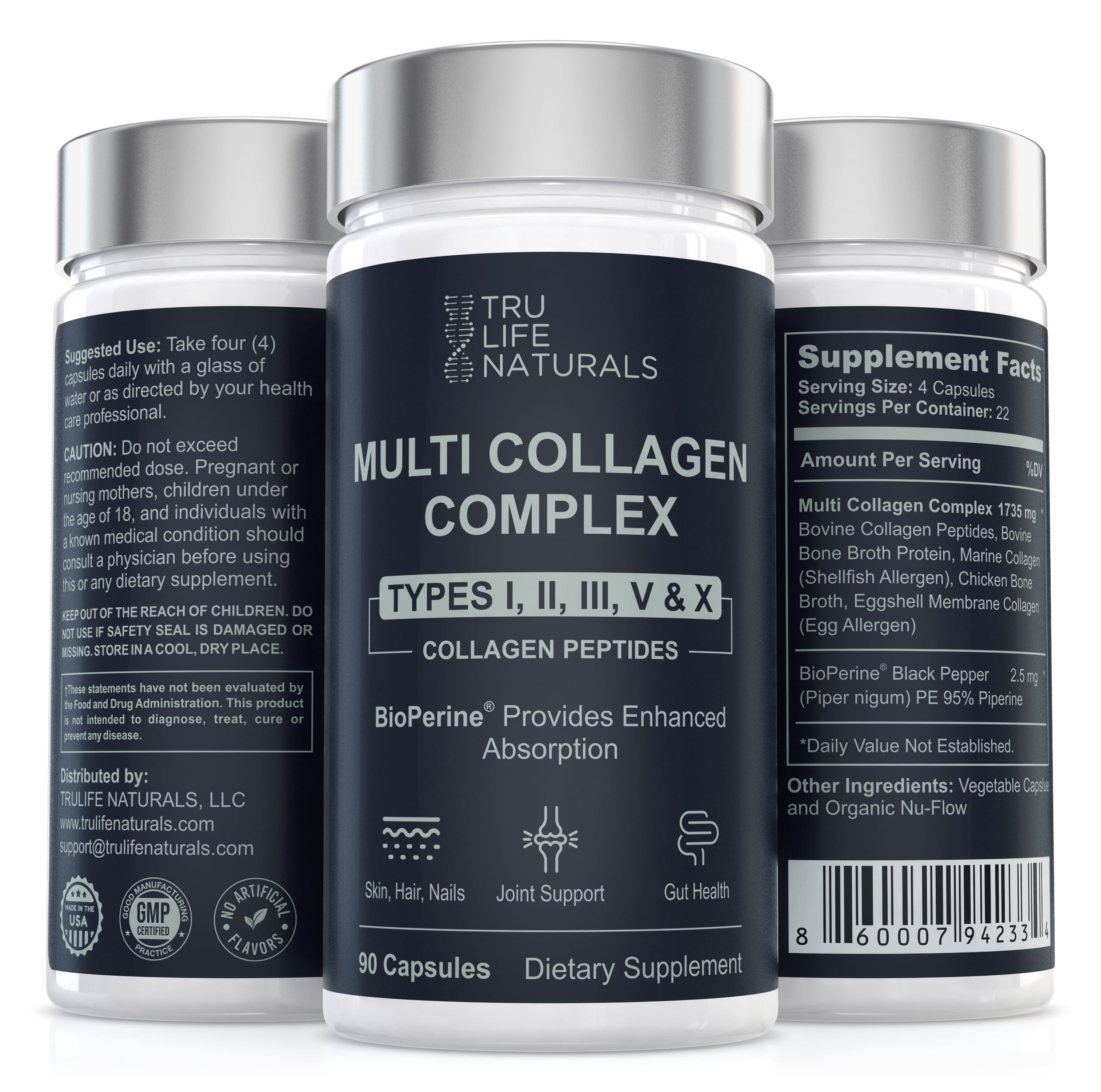 Multi Collagen Complex 5 Types (Types I, II, III, V & X) | Collagen Peptides for Enhanced Absorption | Supports Skin, Hair, Nails & Joints | Non-GMO, Marine & Bovine Collagen (90 Capsules)