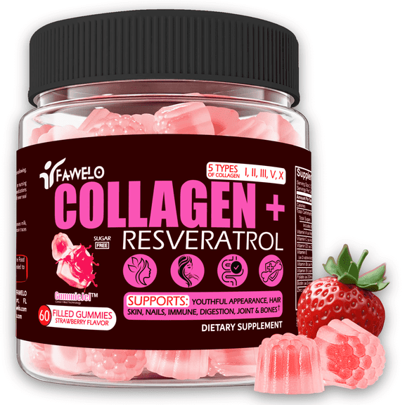 FAWELO Multi Collagen Gummies for Hair, Skin & Nails with Biotin, Hyaluronic Acid - Strawberry, 60 Count
