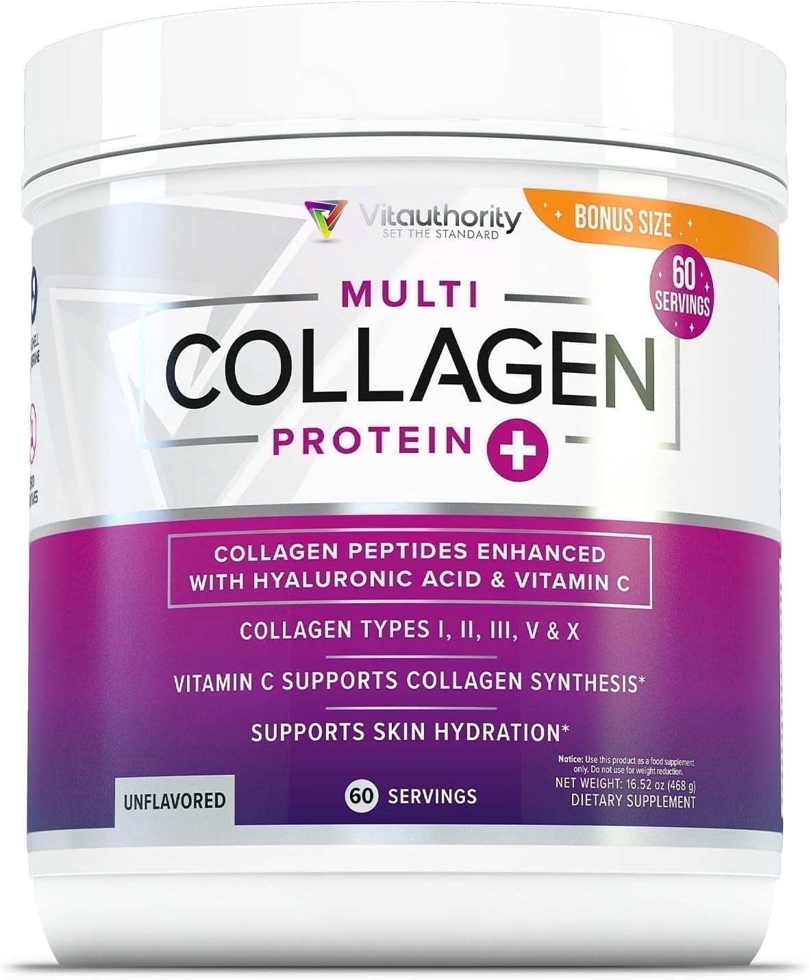 Vitauthority Multi Collagen Peptides Beauty Supplement, Hydrolyzed Protein Powder with Vitamin C & Hyaluronic Acid, Unflavored, 16 oz