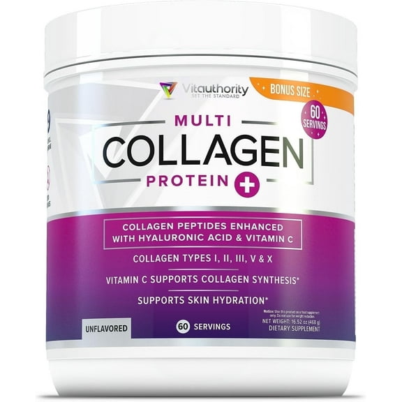 Vitauthority Multi Collagen Peptides Hydrolyzed Protein Powder with Hyaluronic Acid & Vitamin C, Unflavored, 16 oz