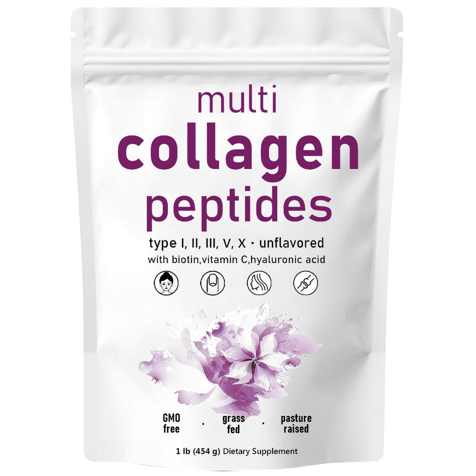 Multi Collagen Peptides Powder - Hydrolyzed Protein Peptides (Type I,II,III,V,X) with Hyaluronic Acid, Biotin & Vitamin C - Unflavored 1LB
