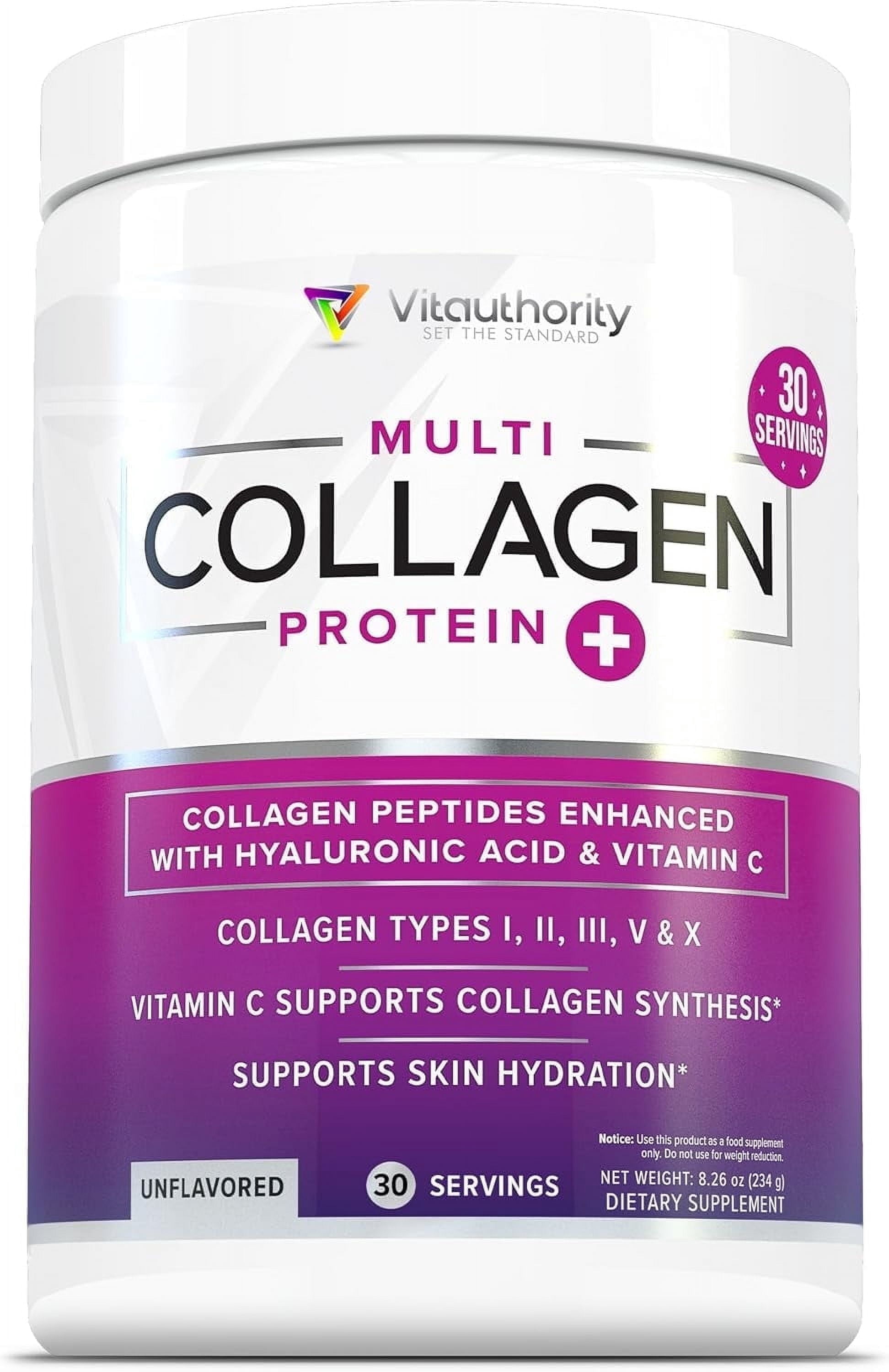Vitauthority Multi Collagen Peptides Beauty Supplement, Hydrolyzed Protein Powder with Vitamin C &amp; Hyaluronic Acid, Unflavored, 8.26 oz