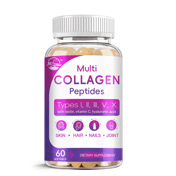 Multi Collagen Peptides Softgel - Type I, II, III, V, X - Hydrolyzed Collagen Peptides with Biotin, Vitamin C, Hyaluronic Acid, Supports Skin Hair Nail, Grass-Fed, Non-GMO, 60 Softgel, 1 Pack