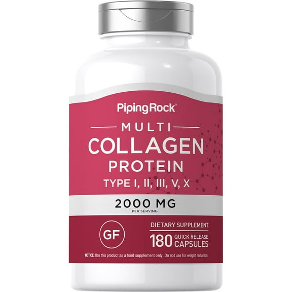 Multi Collagen Protein | 180 Powder Capsules | 2000mg | Types I, II, III, V, X Pills | Non-GMO, Gluten Free | By Piping Rock