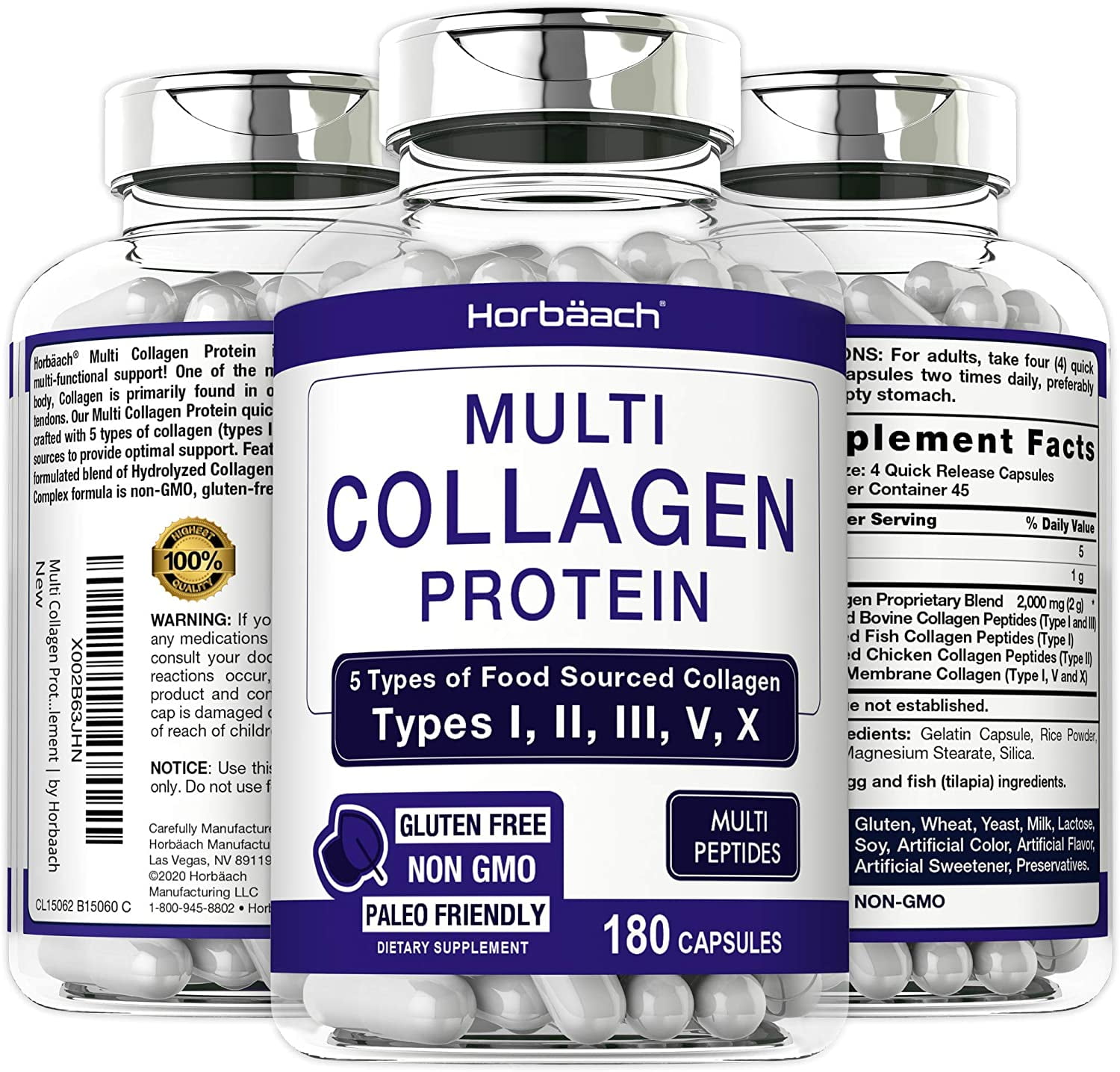 Multi Collagen Protein 2000 mg | 180 Capsules | Type 1, 2, 3, 5, 10 | by Horbaach